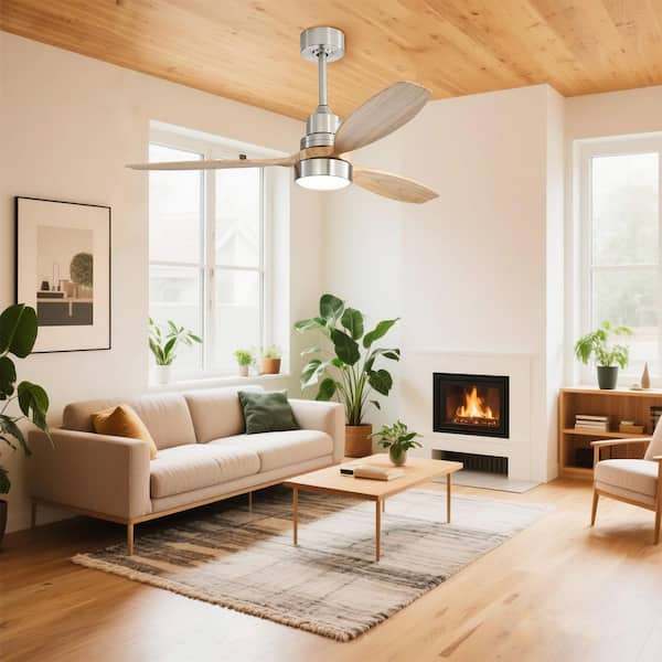 Selen 52 in. Nickel Oak Downrod Standard Ceiling Fan with Integrated LED with Remote Included 3-Blade Reversible