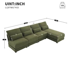 120 in. Armless 5-Piece L Shaped Loop Yarn Fabric Oversized Deep Seat Sectional Sofa with Reversible Chaise in Green
