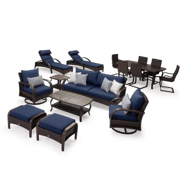RST BRANDS Barcelo Estate 16-Piece Wicker Patio Conversation Set with Sunbrella Navy Blue Cushions