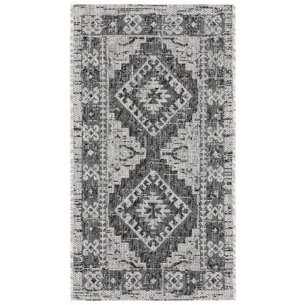 Courtyard Light Gray/Charcoal 2 ft. x 4 ft. Border Aztec Medallion Indoor/Outdoor Area Rug