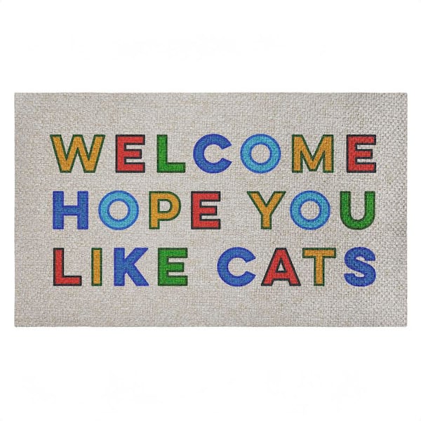 Hope You Like Cats Greeting Blue 18 in. x 30 in. Polyester Non-Slip Outdoor Door Mat