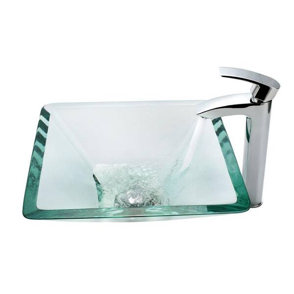 KRAUS Square Glass Vessel Sink in Clear with Visio Faucet in Chrome