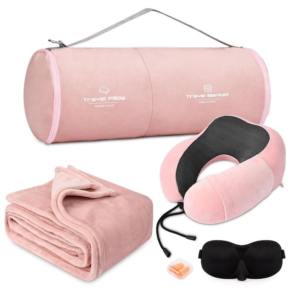 Memory Foam Travel Pillow and Blanket Set, Pink, Portable Soft All-Season Travel Essentials for Airplane and Office