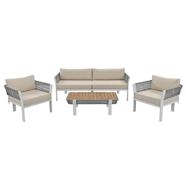 Angel Sar 4-Piece Metal Frame Outdoor Patio Conversation Set with Coffee Table and Beige Waterproof Cushions