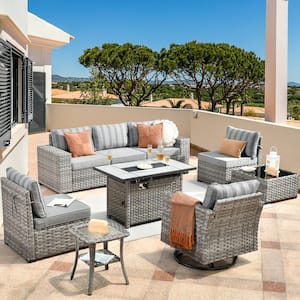 Crater Grey 9-Piece Wicker Wide Arm Patio Conversation Sofa Set with a Rectangle Fire Pit and Striped Grey Cushions
