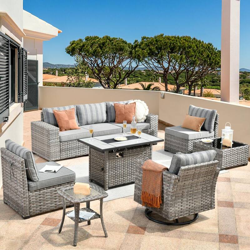 Crater Grey 9-Piece Wicker Wide Arm Patio Conversation Sofa Set with a Rectangle Fire Pit and Striped Grey Cushions