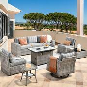 Crater Grey 9-Piece Wicker Wide Arm Patio Conversation Sofa Set with a Rectangle Fire Pit and Striped Grey Cushions