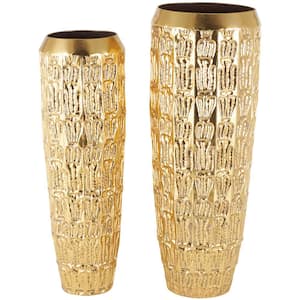 Gold Tall Metal Decorative Vase with Grooved Patterns (Set of 2)