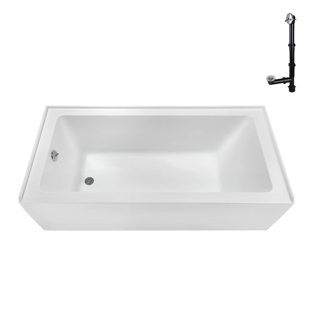 60-Inch Glossy White Acrylic Rectangular Alcove Bathtub with Polished Chrome Drain