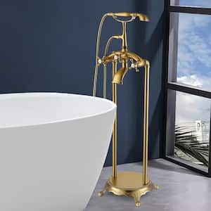 3-Handle Claw Foot Tub Faucet Freestanding Floor Mount Faucet with Hand Shower in Brushed Brass