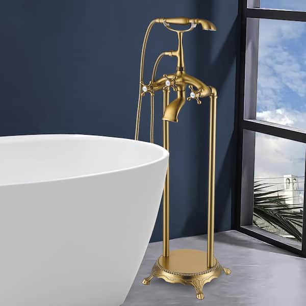 3-Handle Freestanding Tub Faucet Floor Mount Faucet with Hand Shower in Brushed Brass