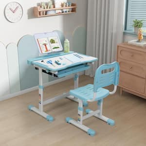 Kids Functional Height Adjustable Desk and Chair Set with Tilted Desktop, Book Stand and Drawer