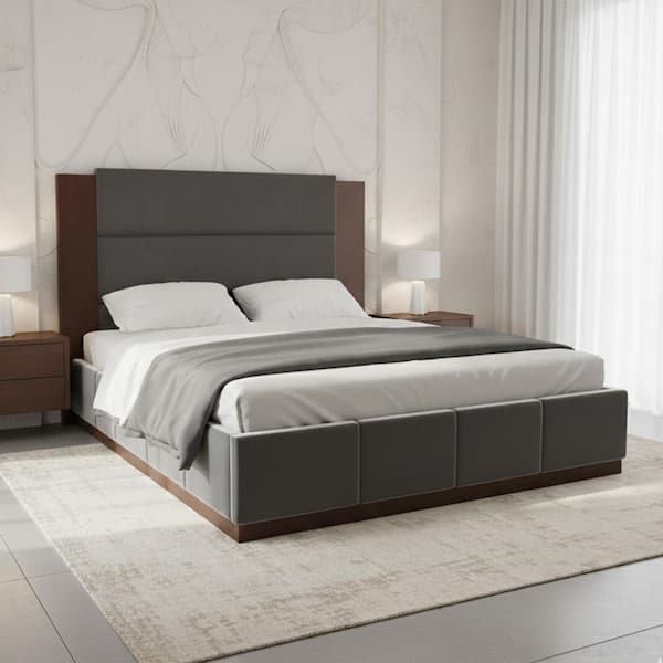 Thora Minimalist Modern Gray Wood Frame Queen Size Platform Bed with Velvet Upholstered Headboard, Wood Base