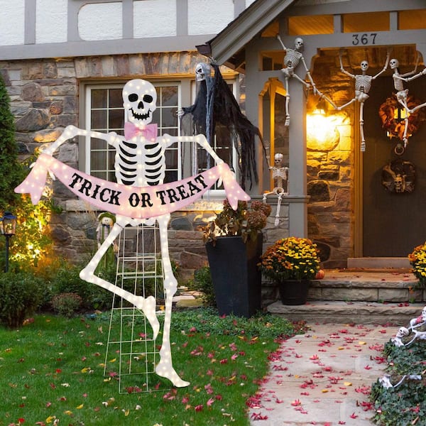 Glitzhome 86.25 in. H Lighted Halloween 2D Pink Skeleton Plug in