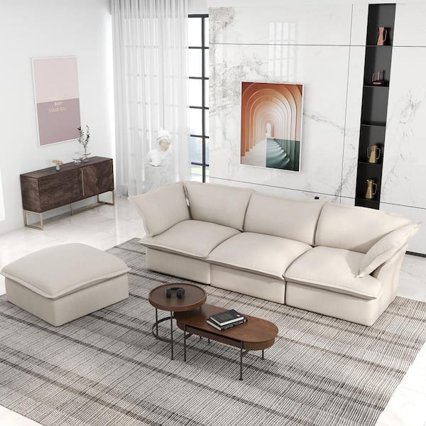 Magic Home 123 in. Contemporary Down Filled Comfort Overstuffed Linen Flannel Modular L-Shaped Sectional 3-Seater and Ottoman,Beige