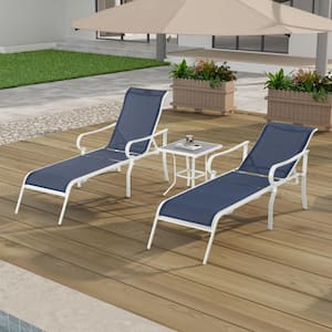 White 3-Piece Metal Outdoor Chaise Lounge in Blue with 5 Adjustable Backrest for Yard, Balcony and Pool