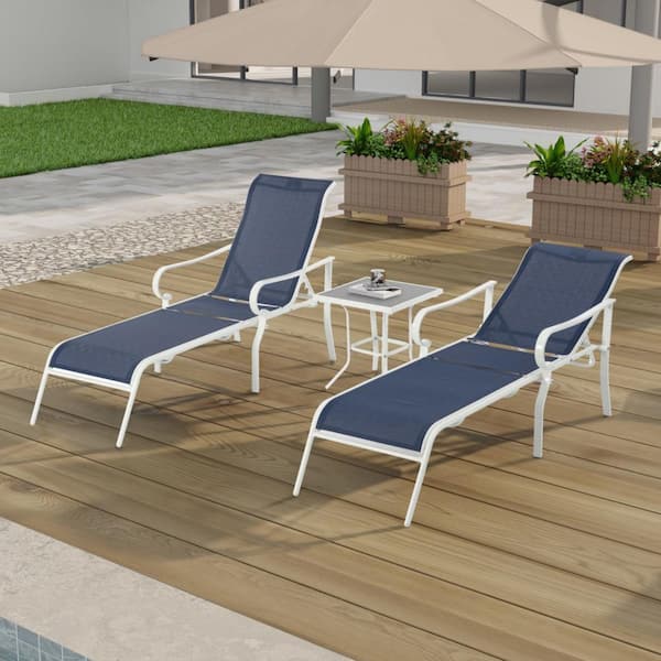 Angel Sar White 3-Piece Metal Outdoor Chaise Lounge in Blue with 5 Adjustable Backrest for Yard, Balcony and Pool