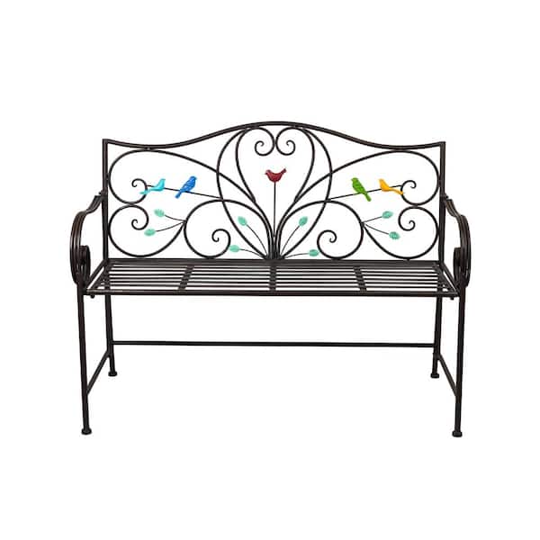 HOMEVIEW DESIGN INC 48 in. L Black Metal Outdoor Foldable Bench with Bird Art on Backrest, Modern Classic Style Bench