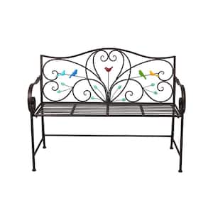 48 in. L Black Metal Outdoor Foldable Bench with Bird Art on Backrest, Modern Classic Style Bench