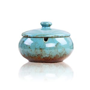 4.5 in. x 4.5 in. Blue Ceramic Ashtray with Lid and Windproof Design for Home Office Indoor and Outdoor Ashtray (1-Pack)