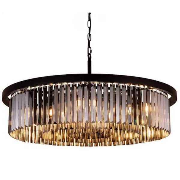 30 in. 12-Light Black Farmhouse Pendant Light Fixtures Round Drum Chandelier Dining Room With Smoke Crystal