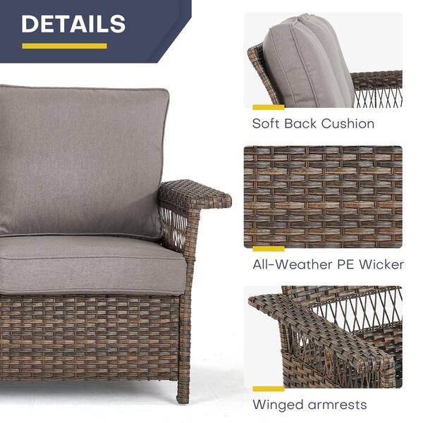 Opohoro Brown Wicker Outdoor Couch, 3-Seat Patio Wicker Sofa