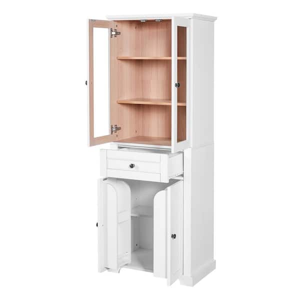 23.96 in. Wx15.67 in. D x67.2 in. H Freestanding White Linen Cabinet Tall Bathroom Storage Cabinet, Tempered Glass Doors