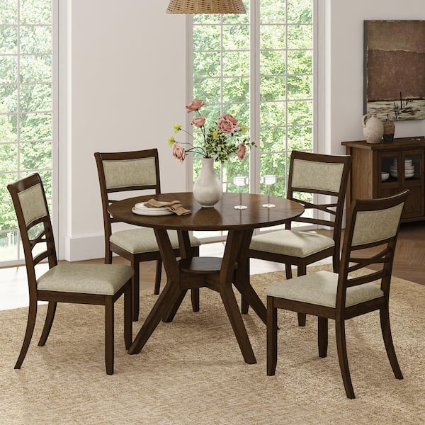 JAYDEN CREATION Tomas Walnut 5-Piece 45 in. W Round Dining Wood Top Table with Dining Chairs Set