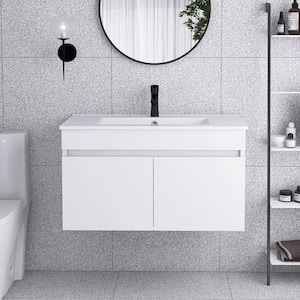 36 in. W x 18 in. D x 20 in. H Wall-Mounted Bath Vanity in White with White Ceramic Top