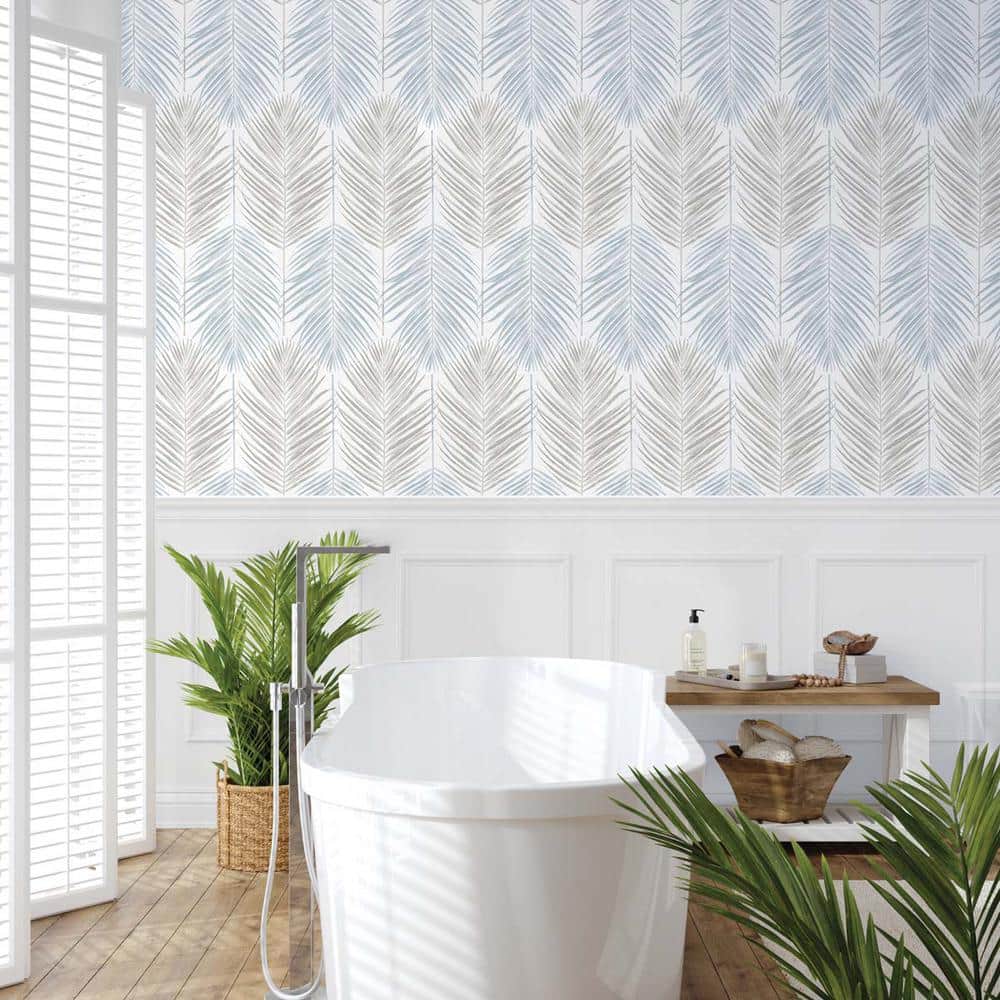 Blue Mist and Daydream Grey Palm Vinyl Peel and Stick Wallpaper Roll