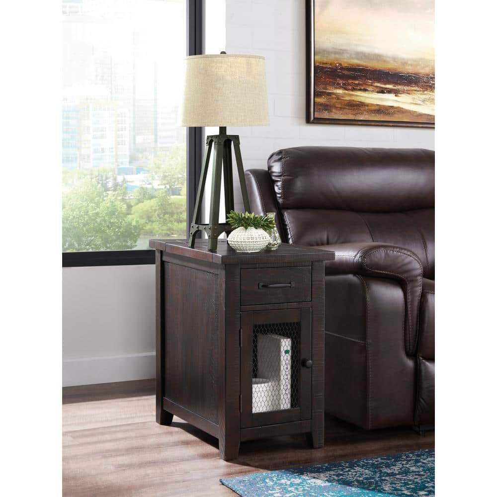 Antique Black and Honey Rustic Pine Chairside Table with Power Storage