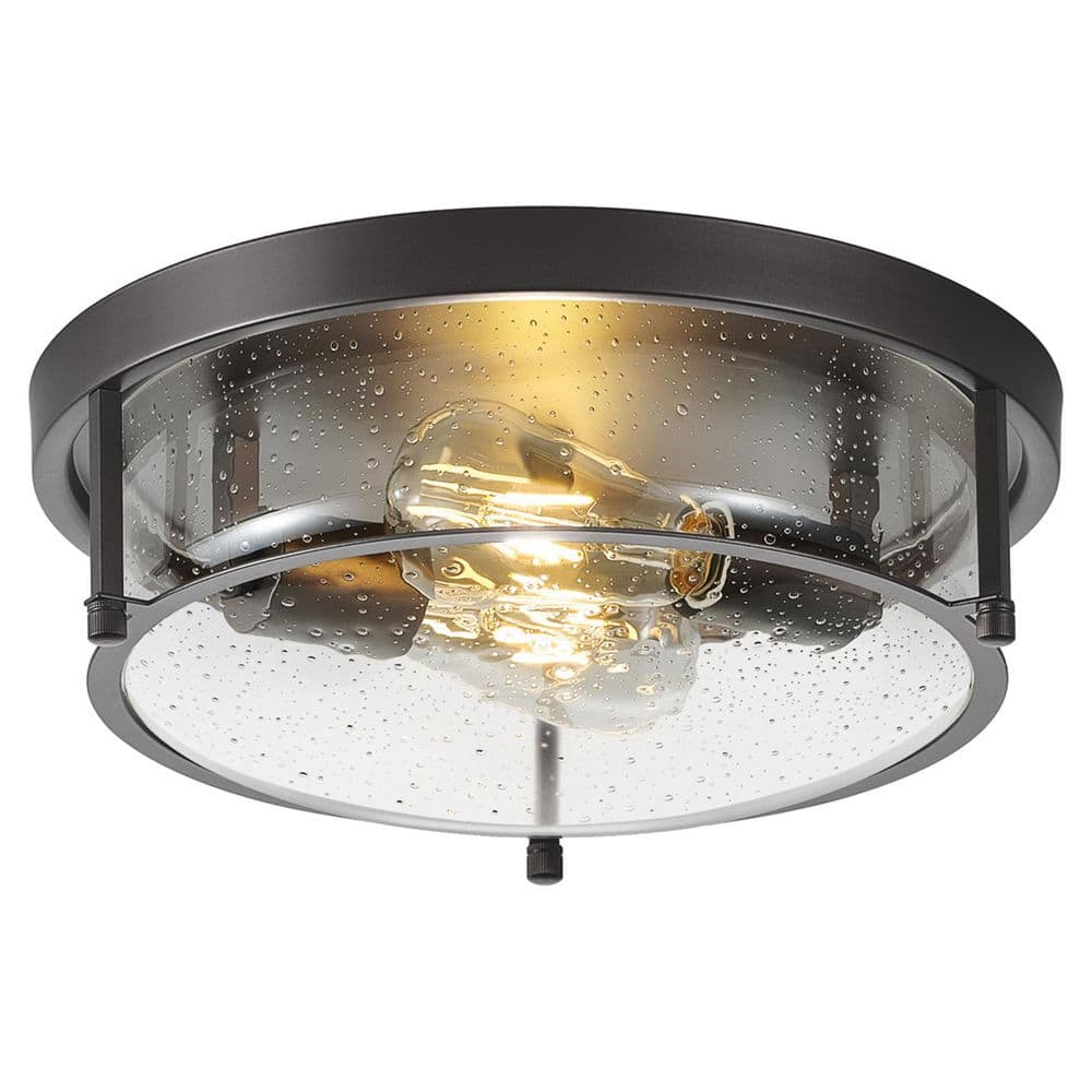 13 in. 2-Light Industrial Black Flush Mount Farmhouse Close to Ceiling Ligh