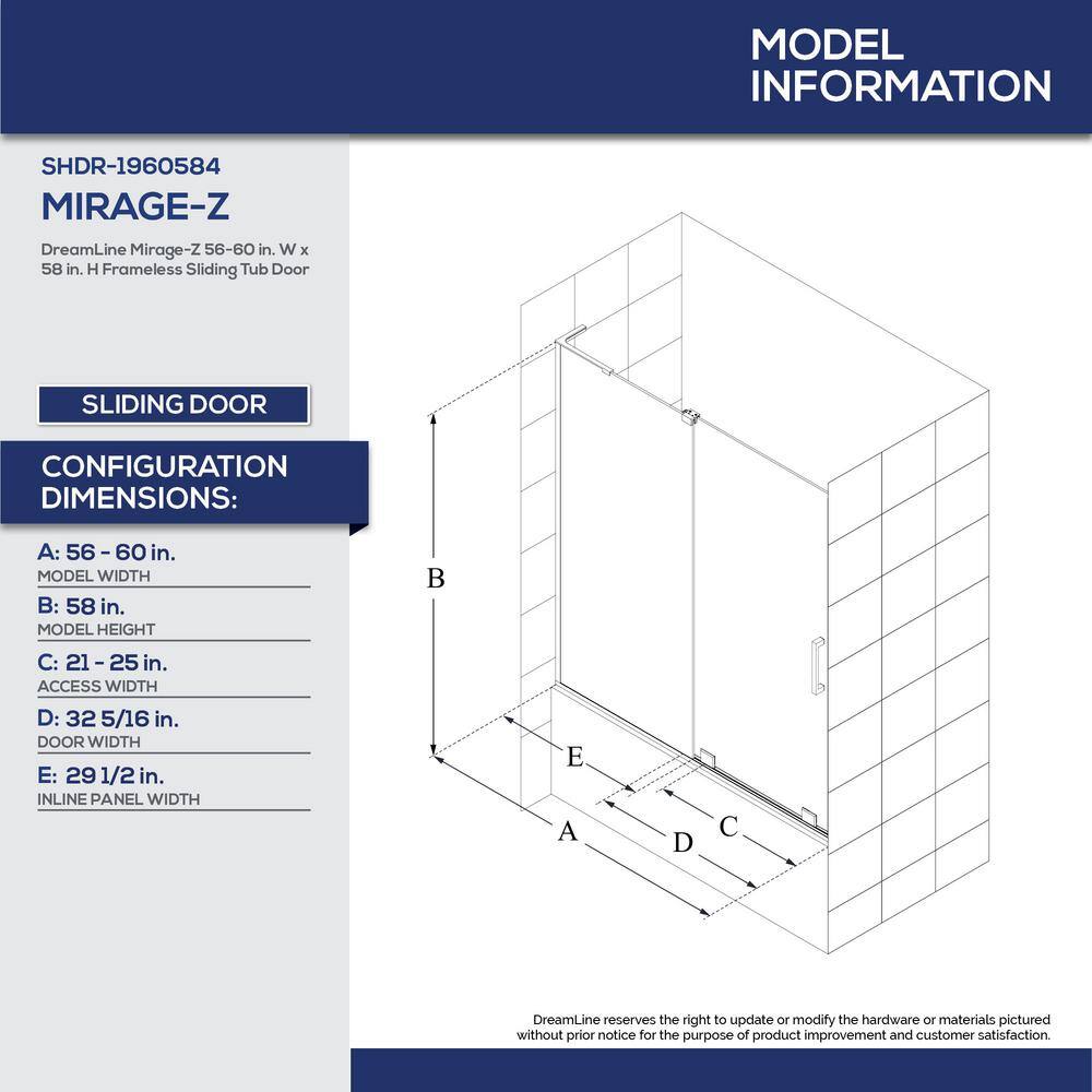 Mirage-Z 56-60" Frameless Sliding Tub Door with Clear Glass