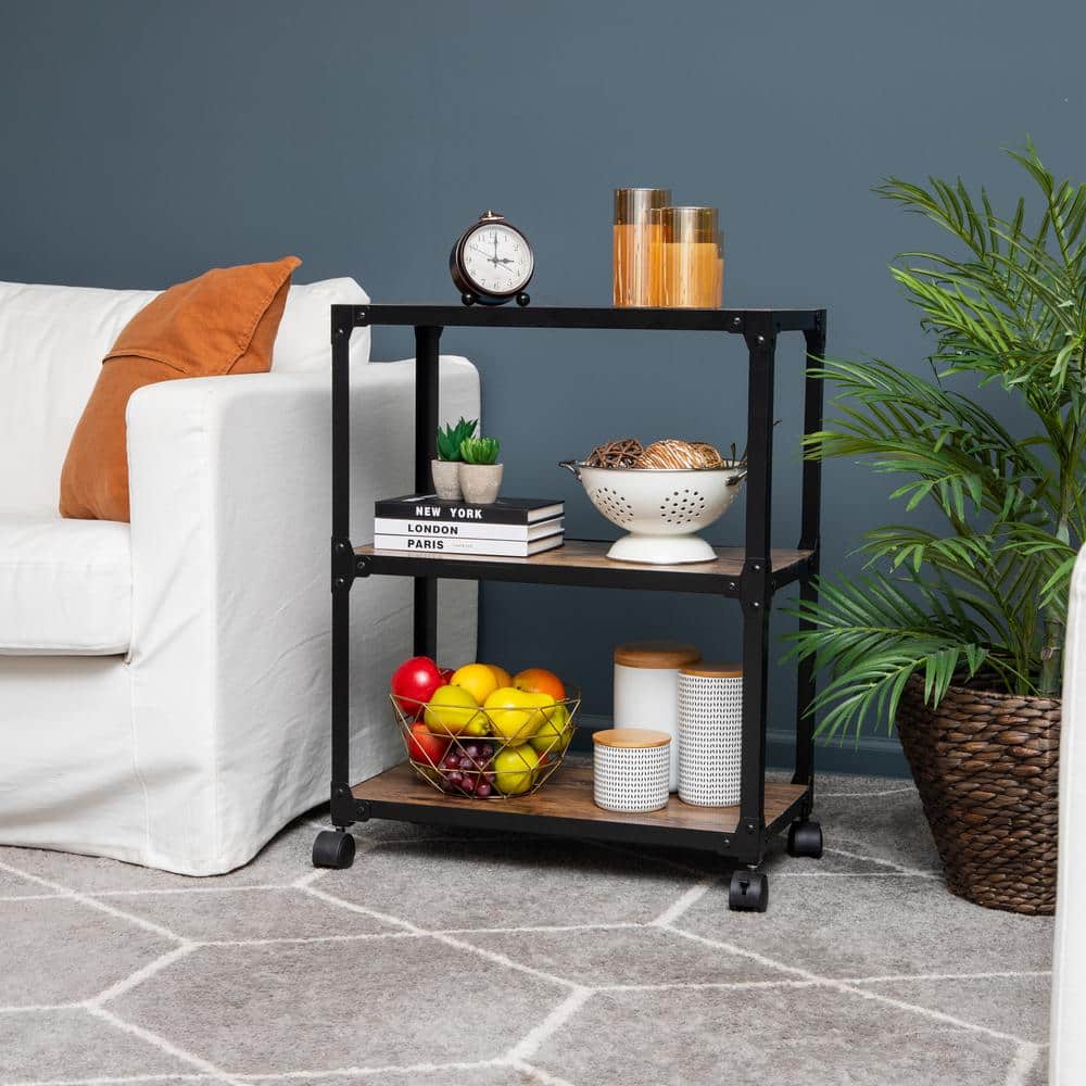 Elegant Black Metal 3-Tier Rolling Storage Cart with Wood Shelves
