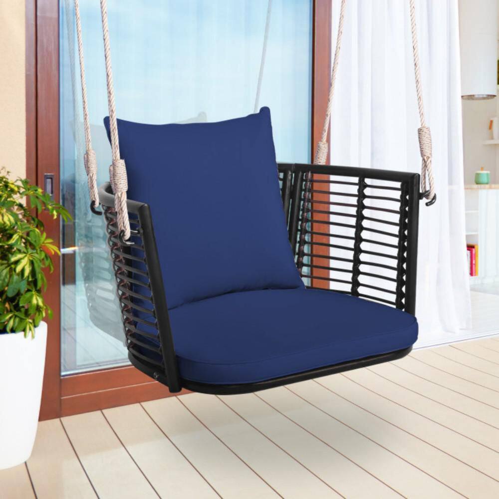 Mix Brown Rattan Hanging Chair with Blue Cushions