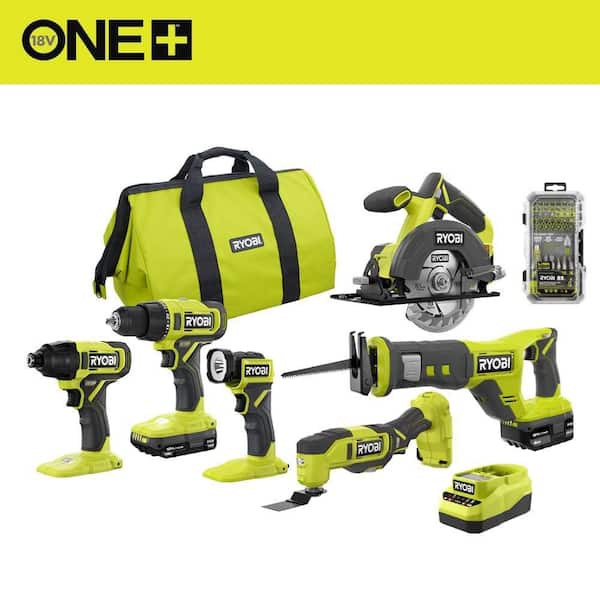 ONE+ 18V Cordless 6-Tool Combo Kit with 1.5 Ah Battery, 4.0 Ah Battery, Charger, and Diamond Grit Driving Set (52-Piece)