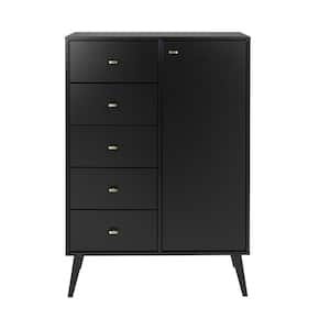 Milo 5-Drawer Black Mid-Century Modern Chest with Door 34.5 in W. x 49 in H. x 16 in. D