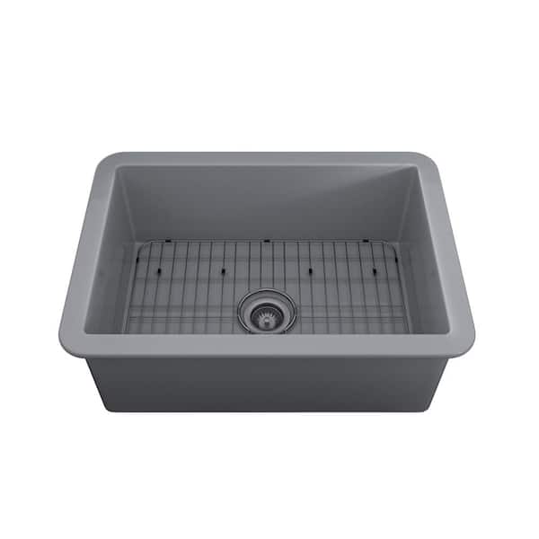 Kahomvis 27 in. Drop-In/Undermount Single Bowl Matte Gray Fireclay Kitchen Sink with Bottom Grid and Strainer Drain