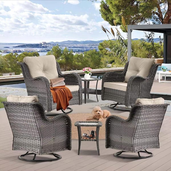 kuurfuurdo Gray 6 Piece Wicker Patio Conversation Set Swivel Rocking Chairs with Side Table and Beige Cushions