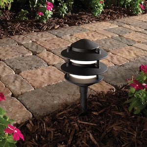 Low-Voltage Black Outdoor Integrated LED 3-Tier Metal Landscape Path Light with Frosted Plastic Lens