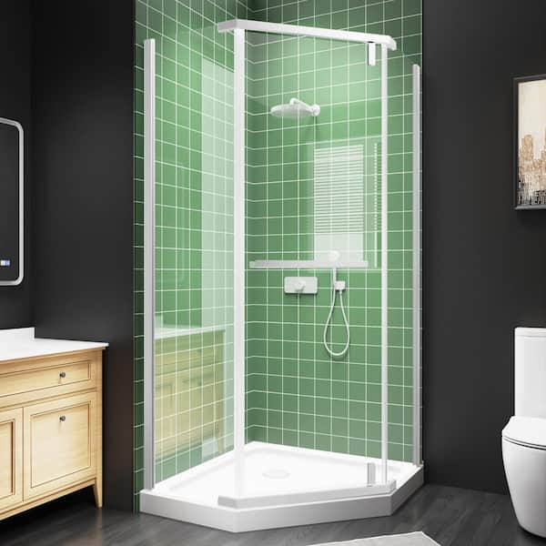 Wynnt 36 in. W x 72 in. H Neo Angle Pivot Semi Frameless Corner Shower Door in White with Clear 1/4 in. Glass Shower Door