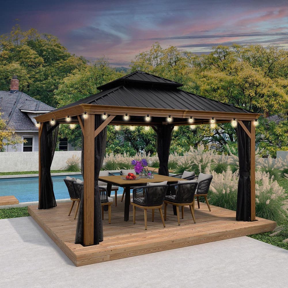12 ft.x 12 ft.Wood Grain Patio Outdoor Gazebo for Backyard Hardtop Aluminum Frame with Hooks ,Upgrade Netting 24-Lights price history on PriceWatchPro