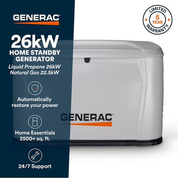 26kW Air-Cooled Auto Start on Natural Gas or Propane Whole House Generator with Smart Mobile Monitoring
