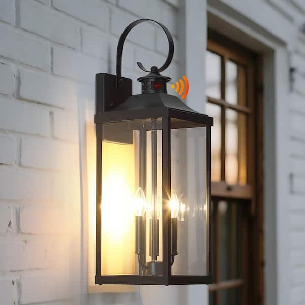 pasentel 24.3 in. 3-Light Black Motion Sensing Dusk to Dawn Large Outdoor Wall Lantern Scone Light with Clear Glass