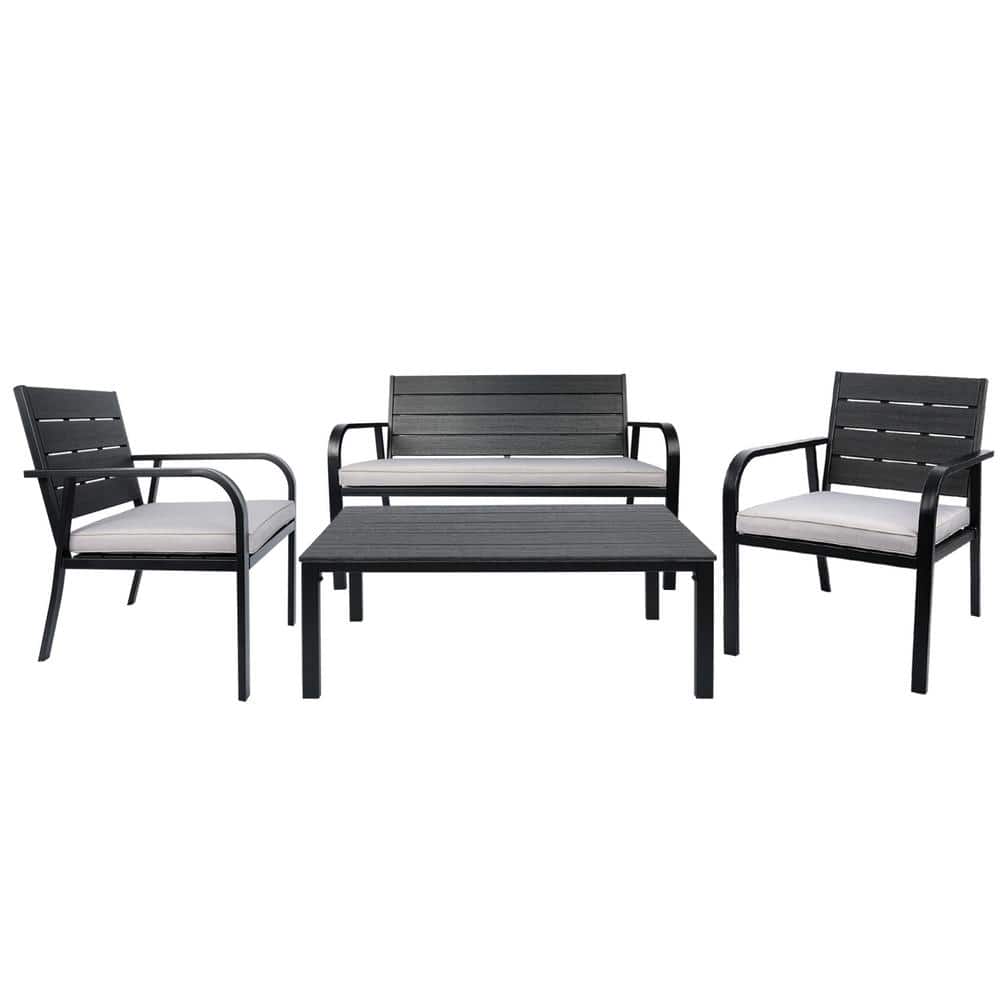 Black 4-Piece Metal Patio Conversation Set, All Weather Outdoor Sofa Set wi