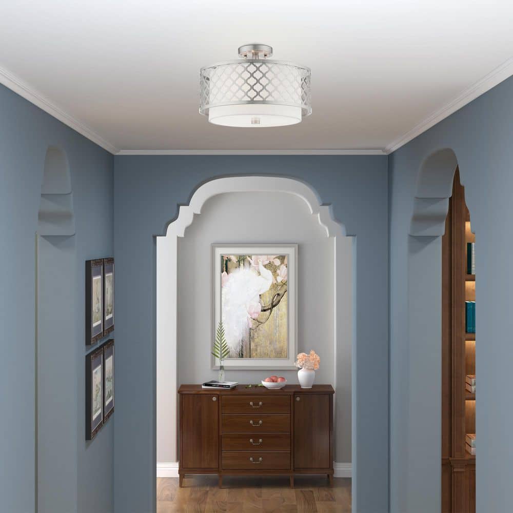 Arabesque Brushed Nickel 3-Light Semi-Flush Mount with Off-White Fabric Shade