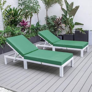 Chelsea Modern White Aluminum Outdoor Patio Chaise Lounge Chair with Green Cushions Set of 2
