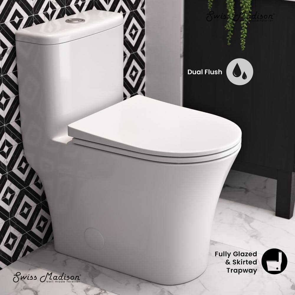 Glossy White Elongated Dual Flush One-Piece Toilet
