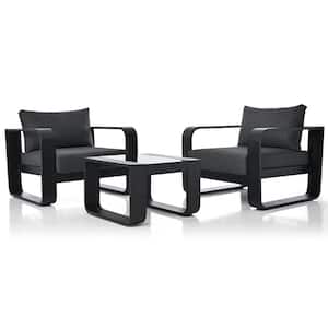 All Weather 3-Piece Aluminum Patio Conversation Set, 2 Outdoor Chairs with Coffee Table and Gray Cushions