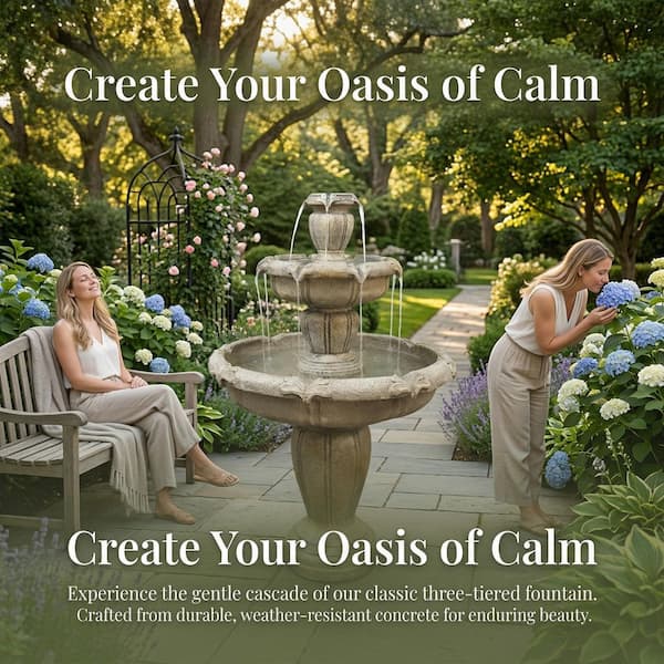 Classic 48 in. Concrete 3-Tiered Cascading Waterfall Fountain with Pump